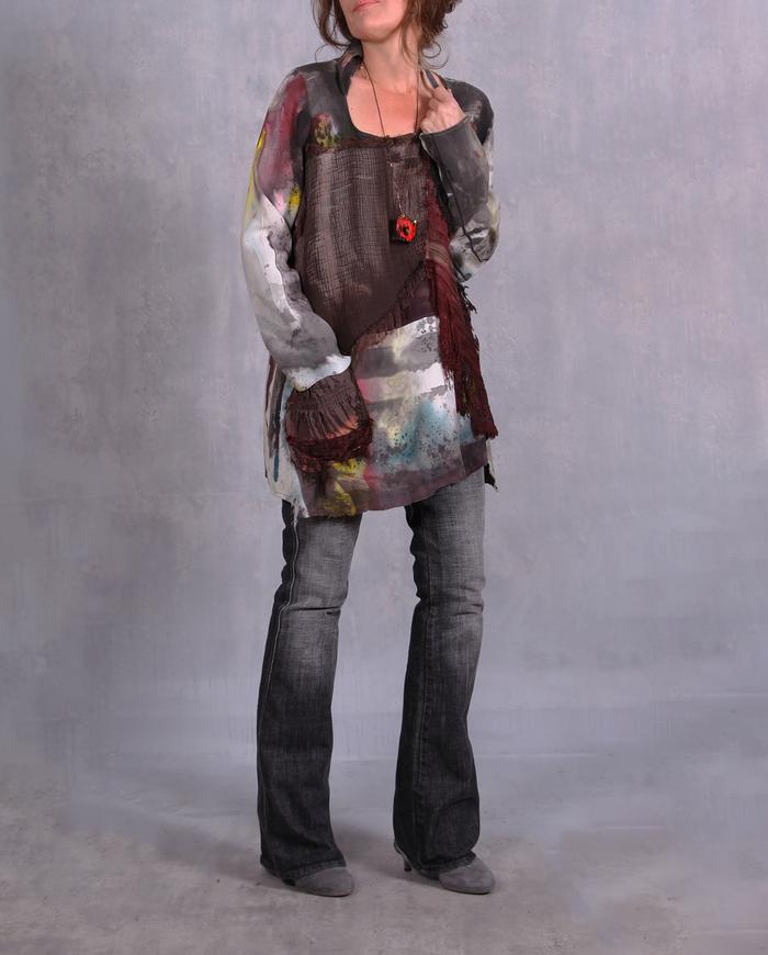 'a colorful life' detailed mixed fabrics silk blouse/tunic