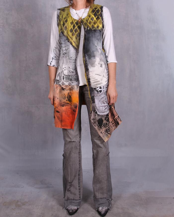 'it's a long story' hand-painted mixed fabrics art vest