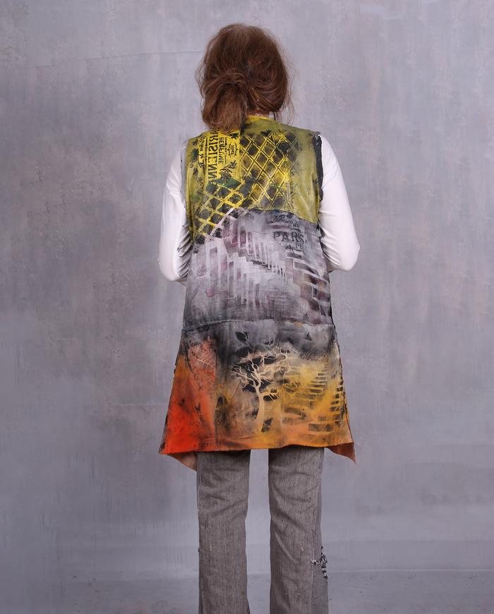 'it's a long story' hand-painted mixed fabrics art vest