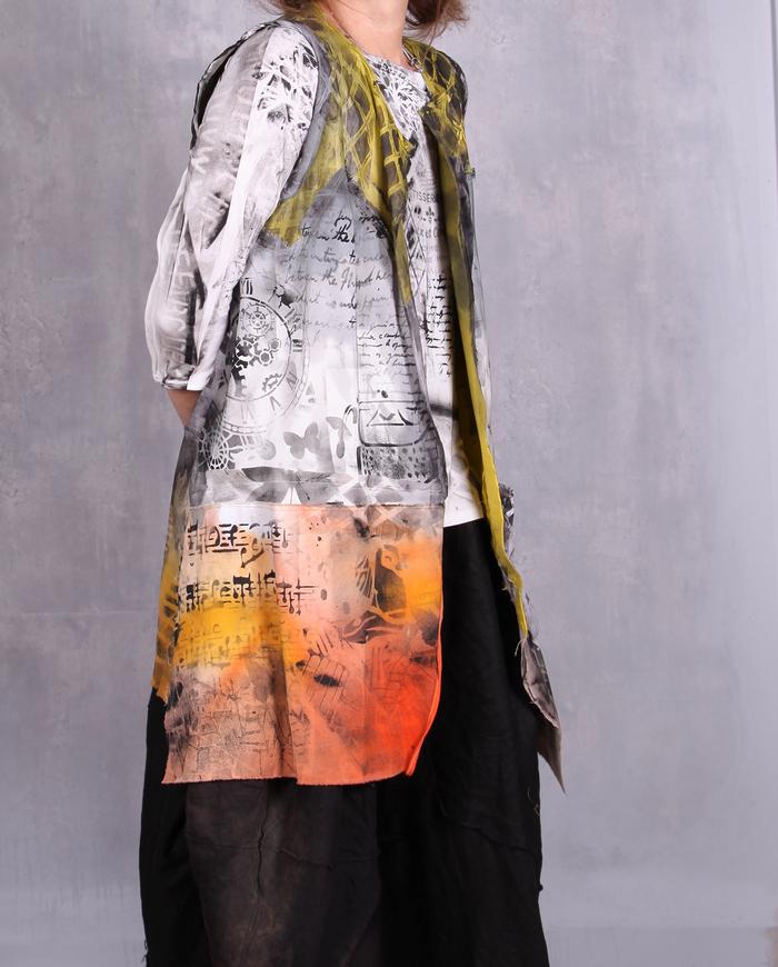 'it's a long story' hand-painted mixed fabrics art vest
