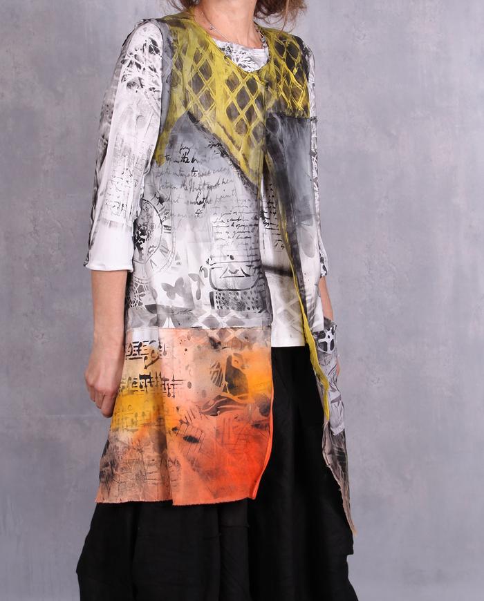 'it's a long story' hand-painted mixed fabrics art vest