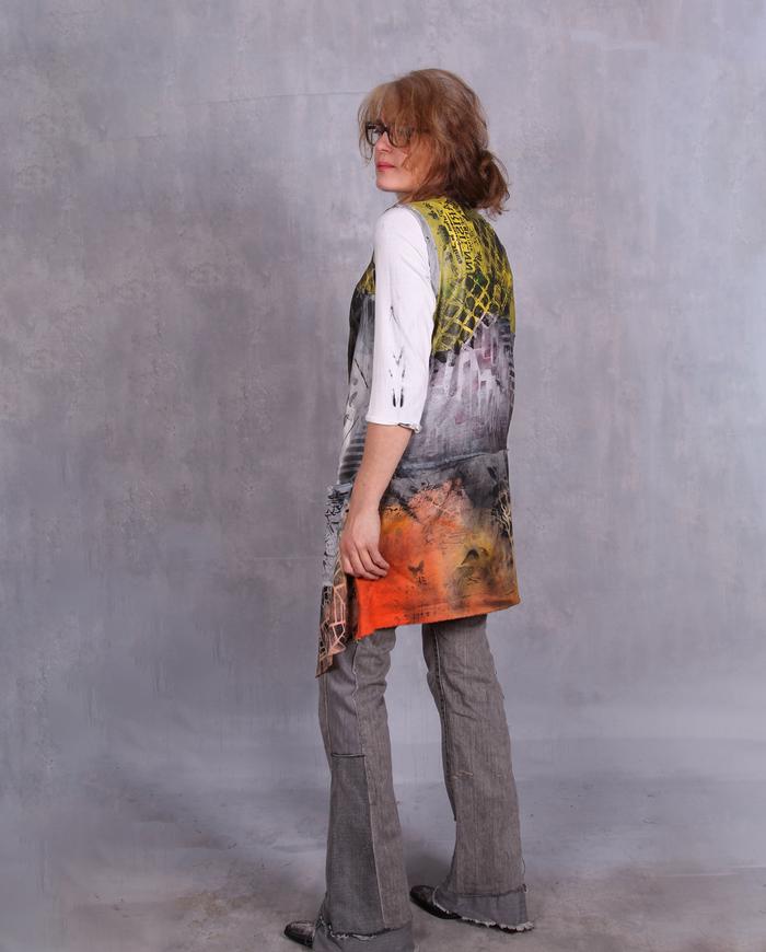 'it's a long story' hand-painted mixed fabrics art vest