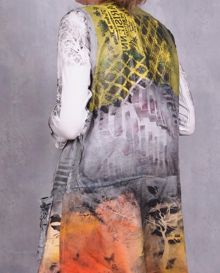 'it's a long story' hand-painted mixed fabrics art vest