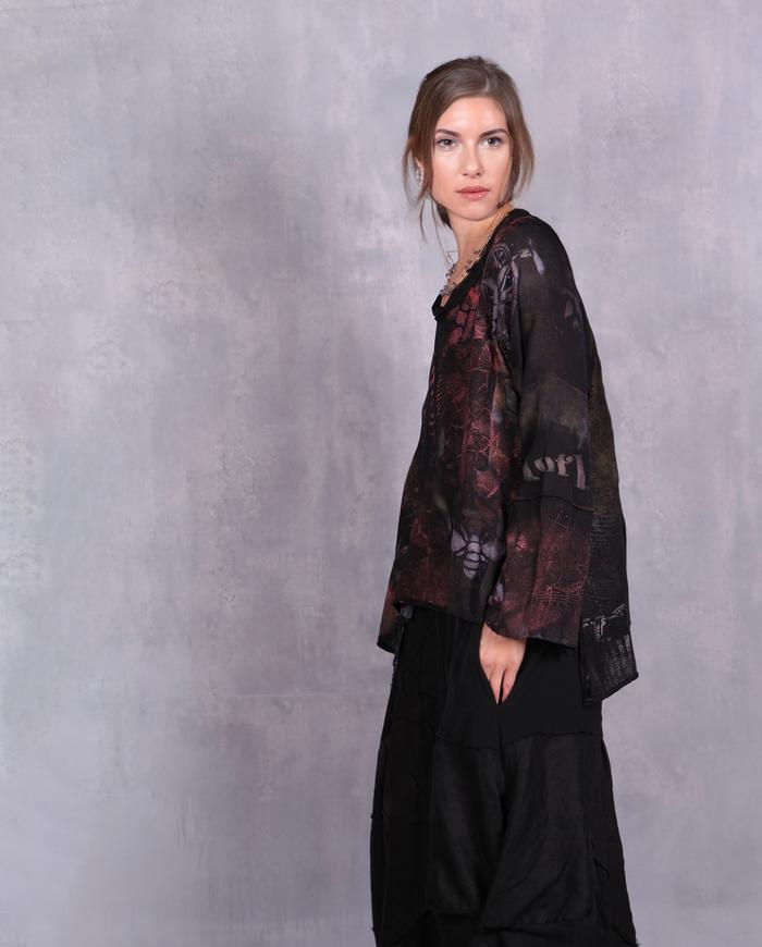 'I'll tell you on the go' hand-painted silk crepe blouse