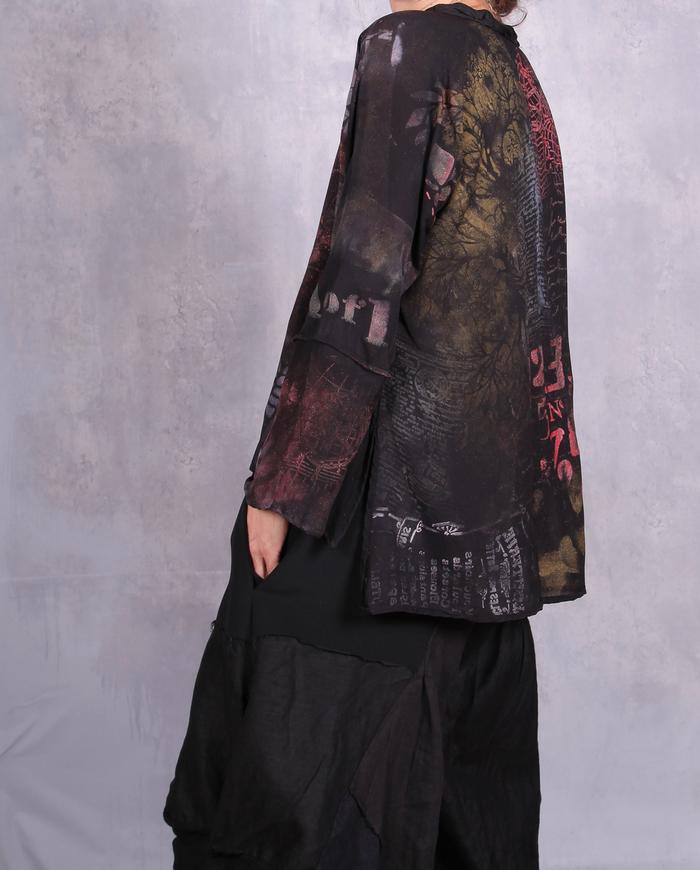 'I'll tell you on the go' hand-painted silk crepe blouse