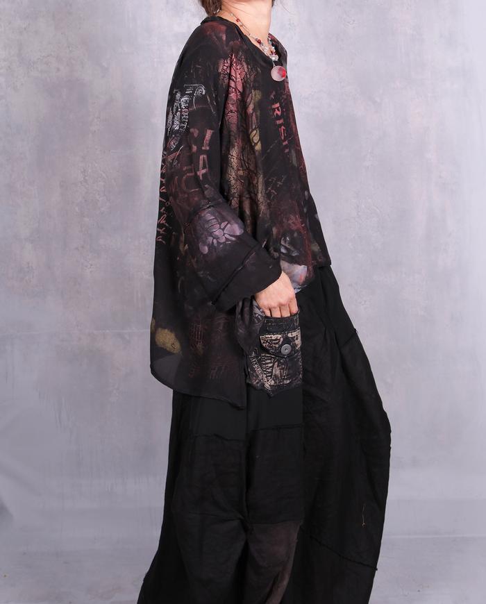 'I'll tell you on the go' hand-painted silk crepe blouse