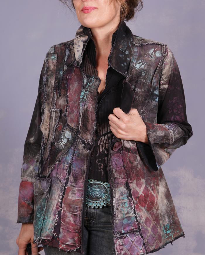'through time and space' hand-painted distressed art jacket