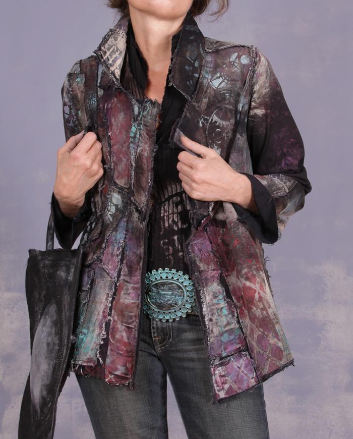 'through time and space' hand-painted distressed art jacket