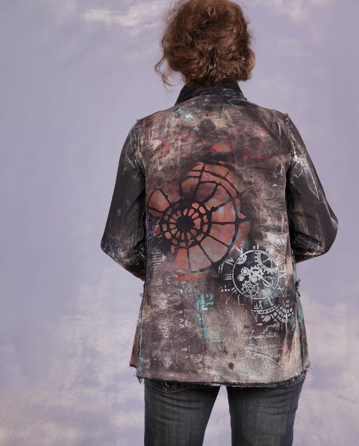 'through time and space' hand-painted distressed art jacket