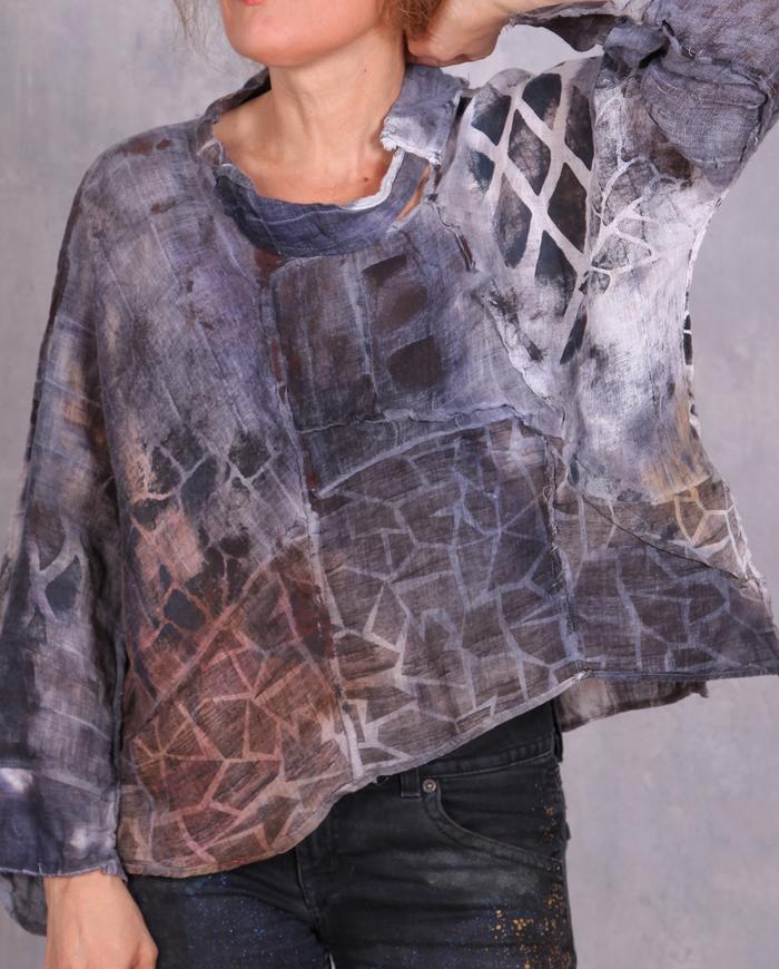'a hidden labyrinth' mixed fabrics asymmetrical top