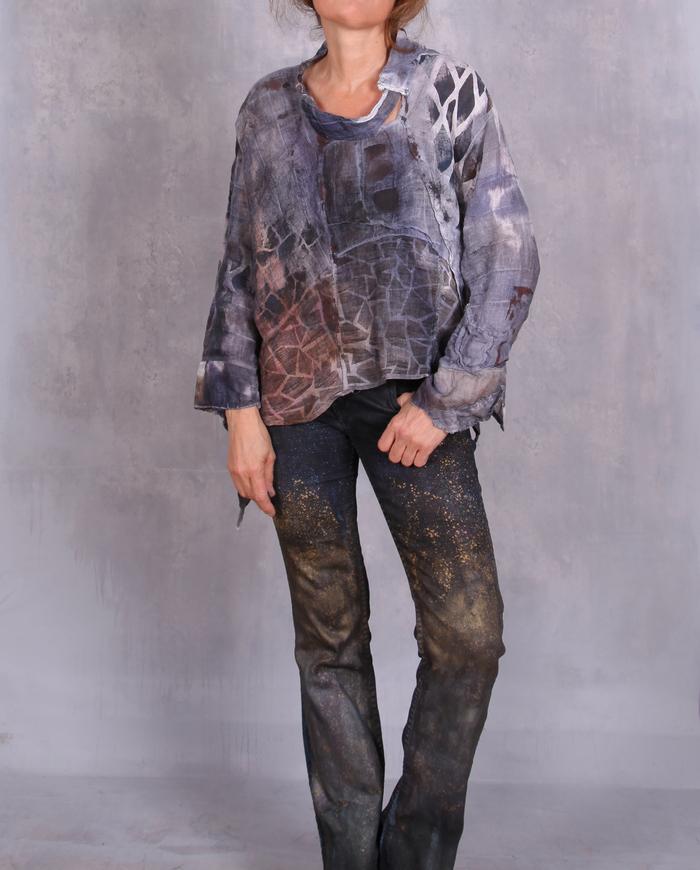 'a hidden labyrinth' mixed fabrics asymmetrical top