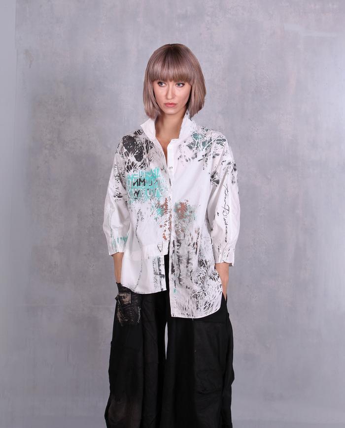 'white nights are here' graphic asymmetrical button-down shirt