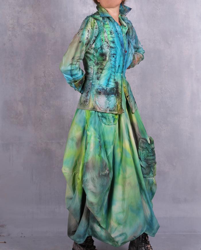 'rolling in new grass' sculptural maxi hand-painted dress