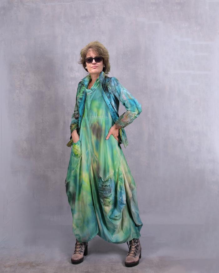 'rolling in new grass' sculptural maxi hand-painted dress