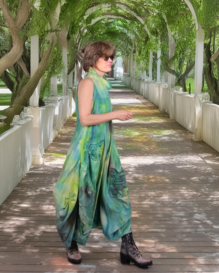 'rolling in new grass' sculptural maxi hand-painted dress