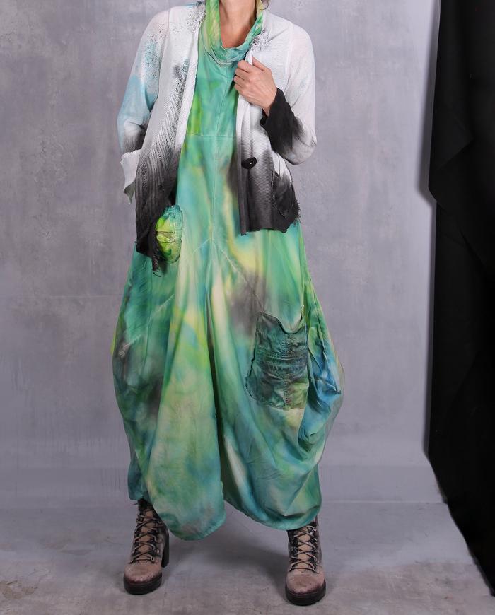 'rolling in new grass' sculptural maxi hand-painted dress