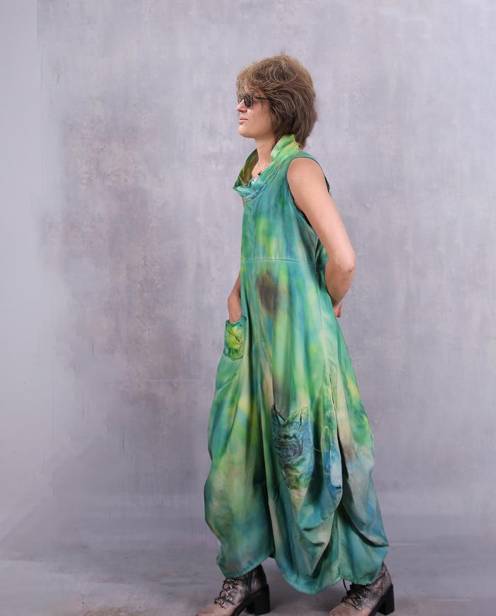 'rolling in new grass' sculptural maxi hand-painted dress