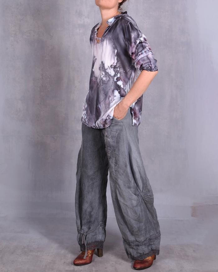 'mapping a purple world' luxury silk blouse
