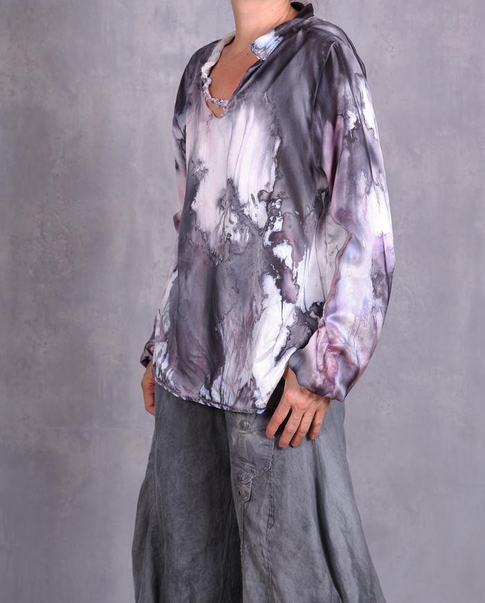 'mapping a purple world' luxury silk blouse