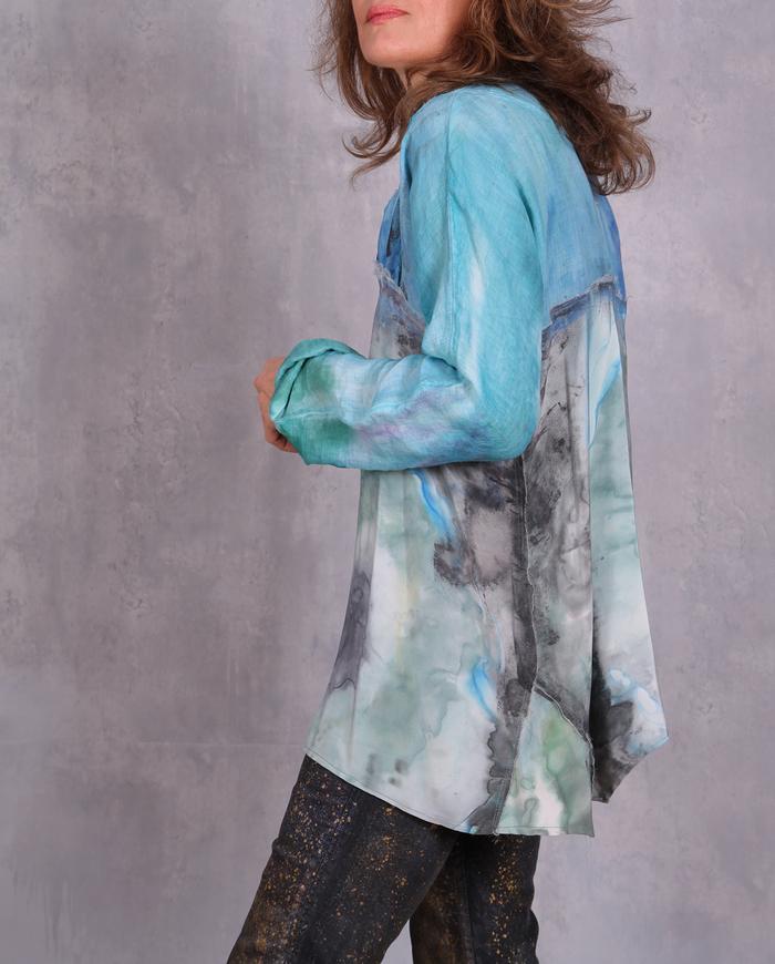 'happily blue' silk crepe and linen art top
