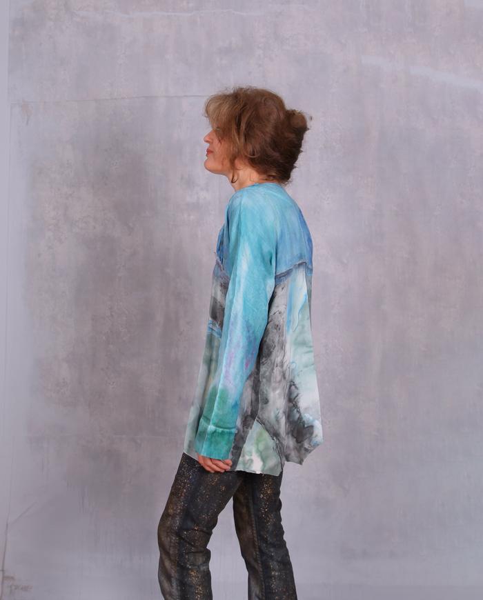 'happily blue' silk crepe and linen art top
