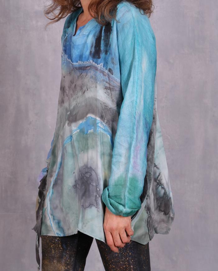'happily blue' silk crepe and linen art top