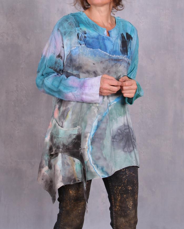'happily blue' silk crepe and linen art top