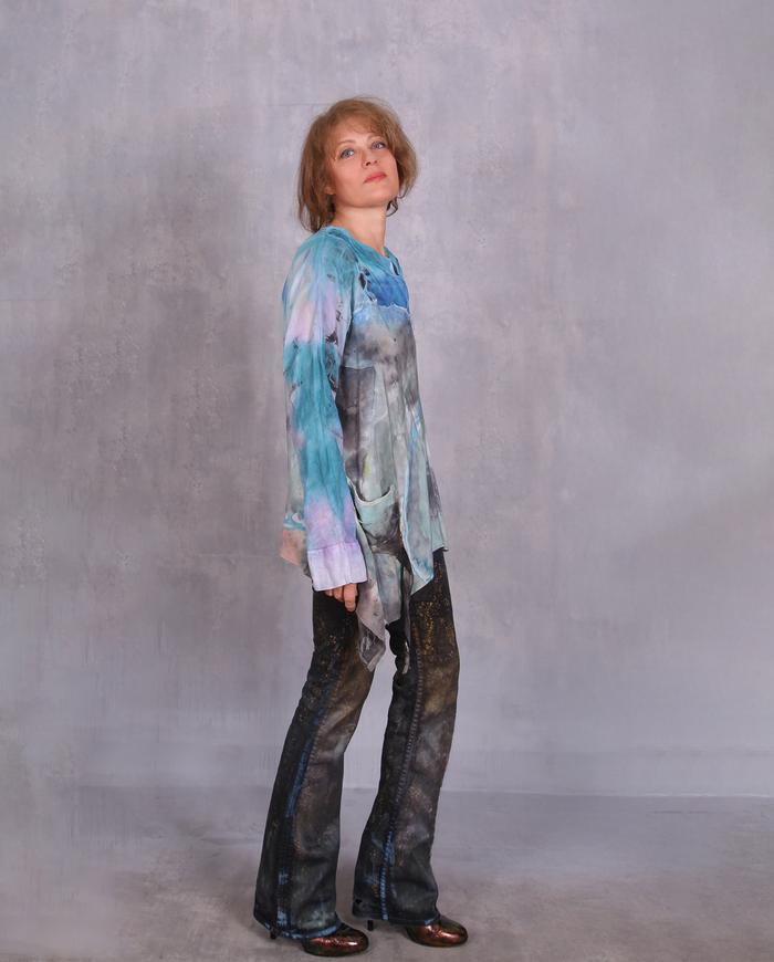'happily blue' silk crepe and linen art top