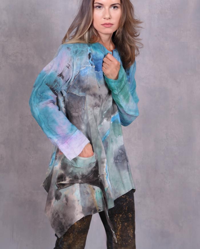 'happily blue' silk crepe and linen art top