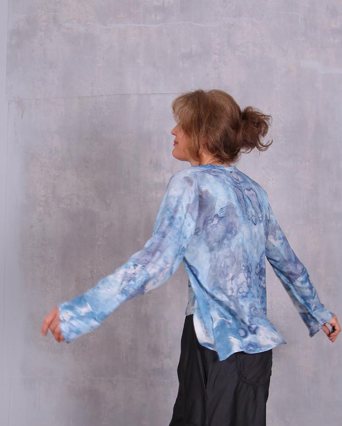 'the sky is flying' soft blue silk top
