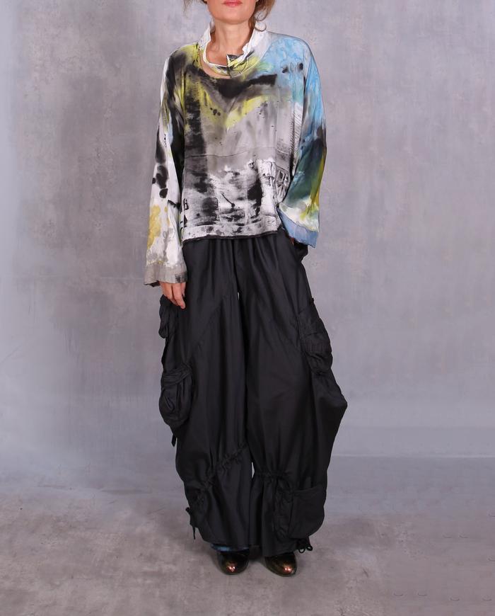'the wheels keep moving' silk crepe painted top