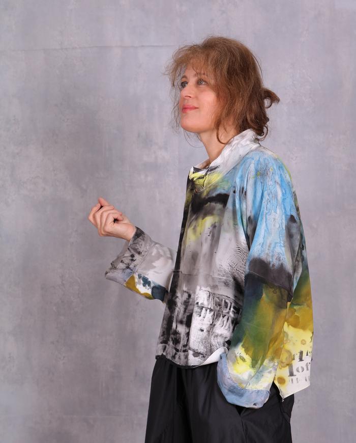 'the wheels keep moving' silk crepe painted top