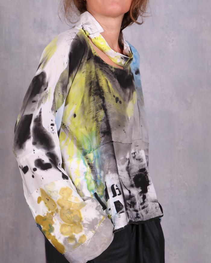 'the wheels keep moving' silk crepe painted top