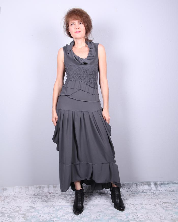 body-hugger drapey stretch maxi dress in deep gray