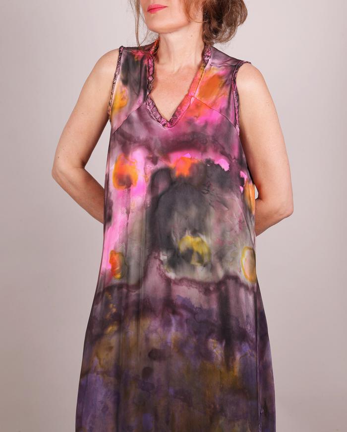 'a playful color game' silk crepe artisanal maxi dress
