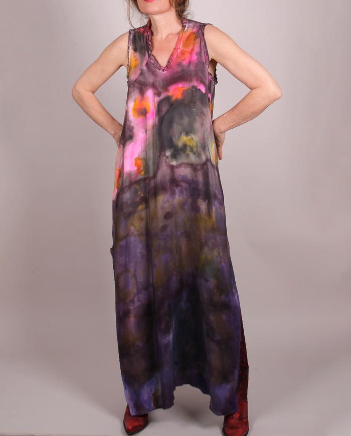 'a playful color game' silk crepe artisanal maxi dress