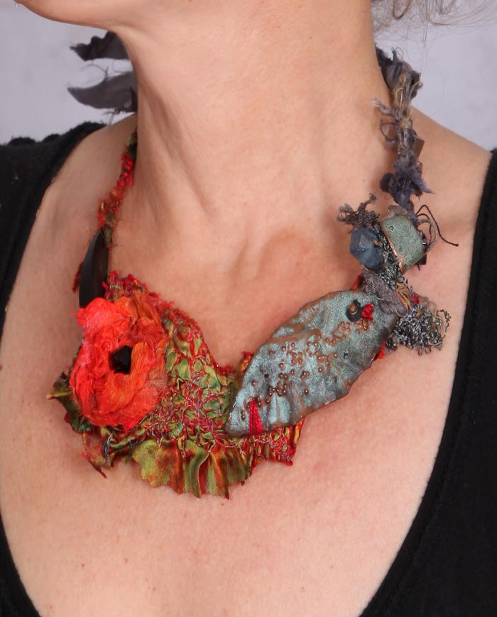 'like poppies to a leaf' colorful art necklace