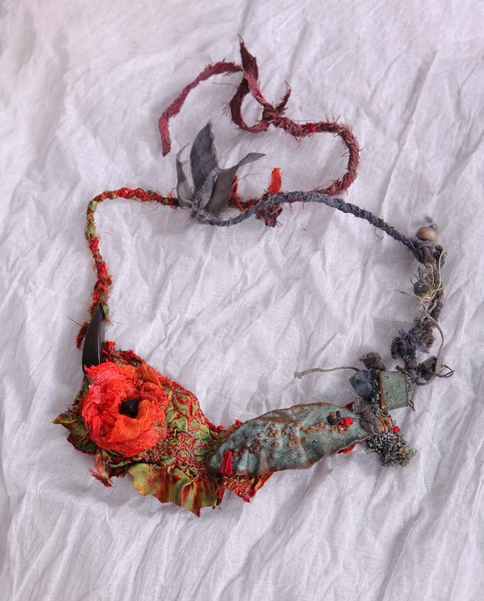 'like poppies to a leaf' colorful art necklace
