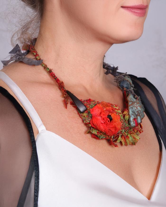 'like poppies to a leaf' colorful art necklace