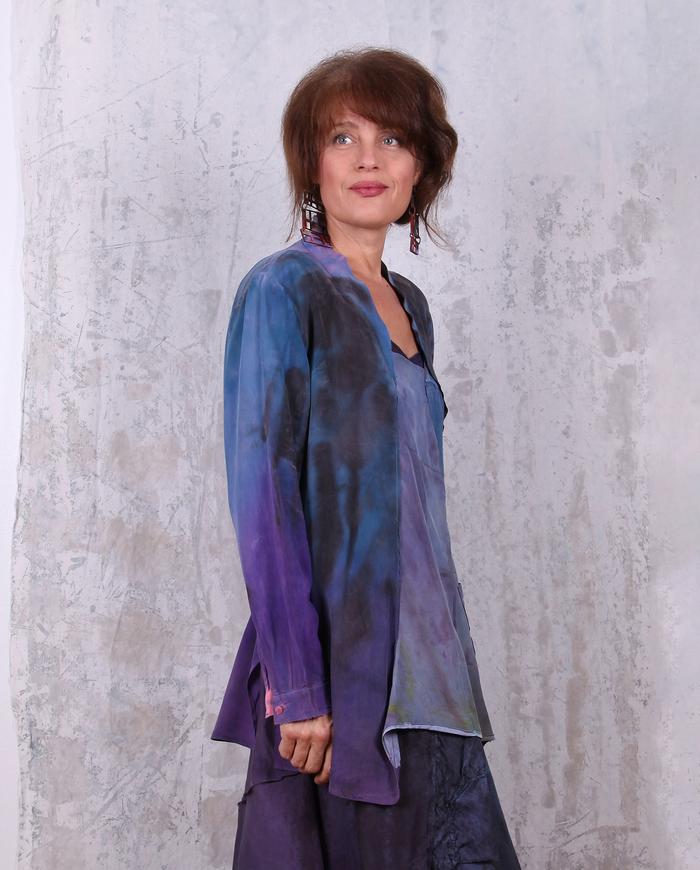 subtle patchwork distressed violet silk crepe blouse/tunic