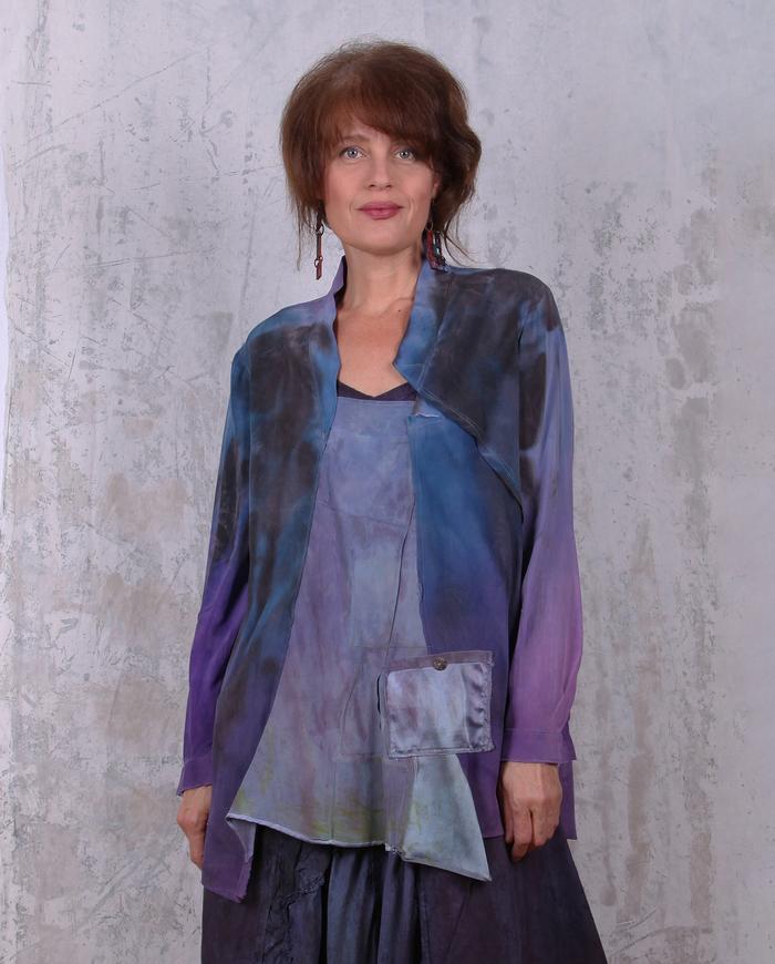 subtle patchwork distressed violet silk crepe blouse/tunic