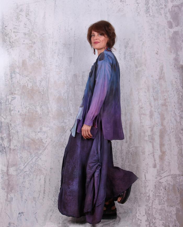 subtle patchwork distressed violet silk crepe blouse/tunic