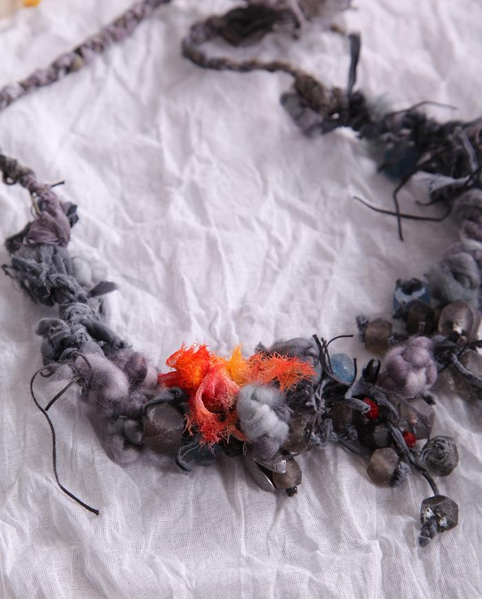 'all flowers and berries' fiber and beads art necklace
