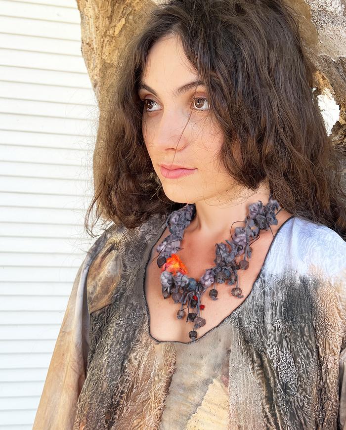'all flowers and berries' fiber and beads art necklace