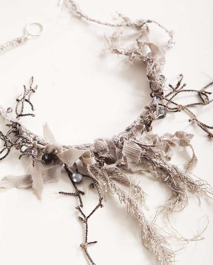 'twigs and raindrops' fiber art neutral necklace