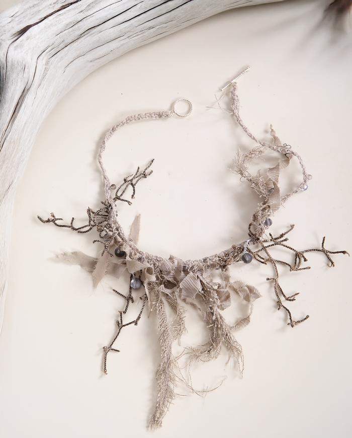 'twigs and raindrops' fiber art neutral necklace
