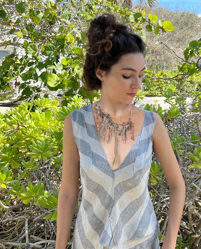 'twigs and raindrops' fiber art neutral necklace