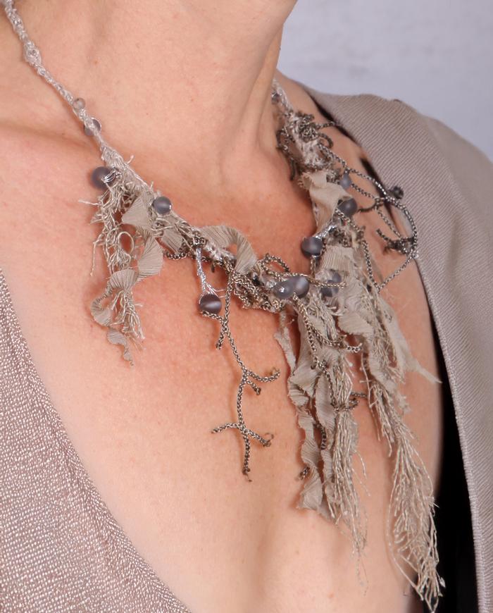 'twigs and raindrops' fiber art neutral necklace
