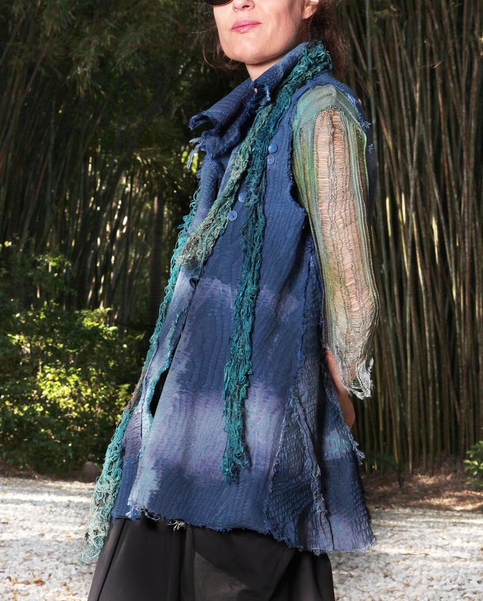 vintage cotton moire distressed textural indigo vest