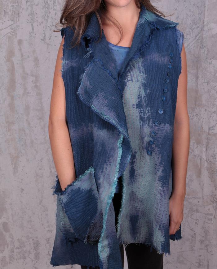 vintage cotton moire distressed textural indigo vest